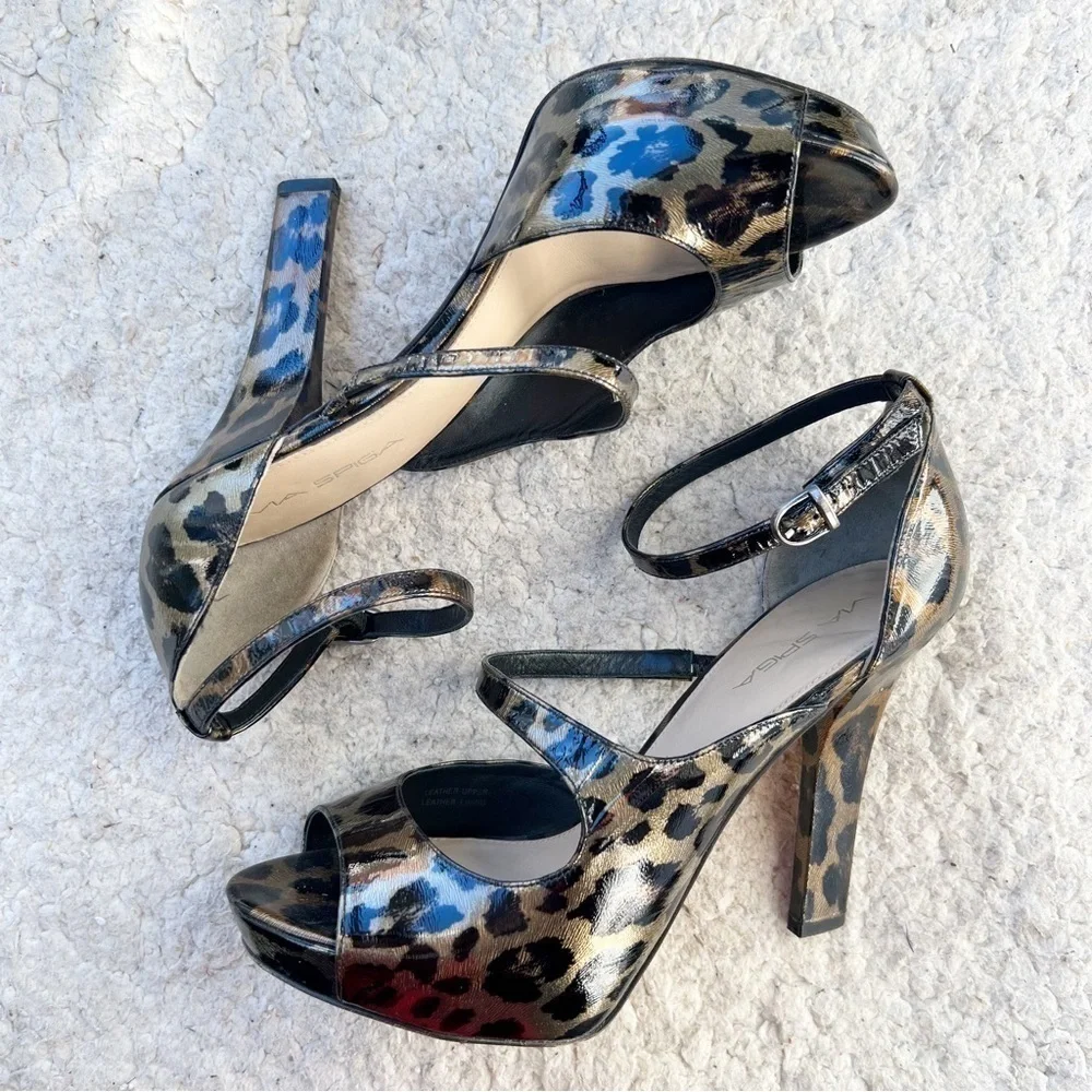 Via Spiga: Metallic Leopard Print Peep Toe D'Orsay Ankle Strap Platform Heels